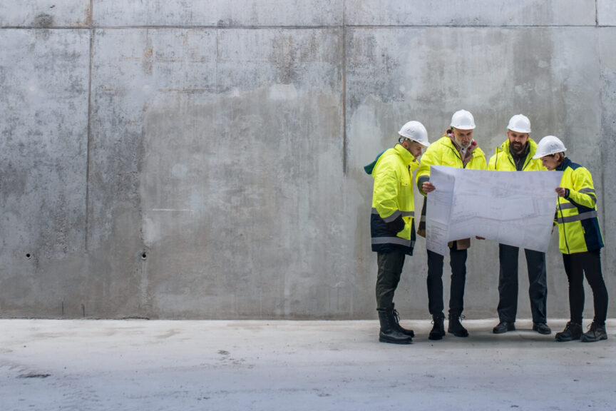 A Group Of Engineers Standing Against Concrete Wall On Construction Site.